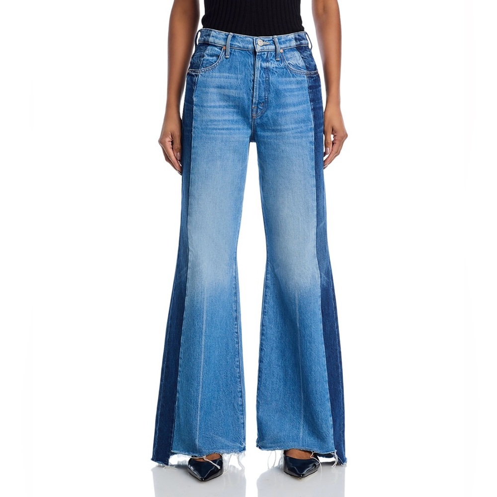 MOTHER tuxedo sidestepper sneak fray high rise wide leg jean in double stacked